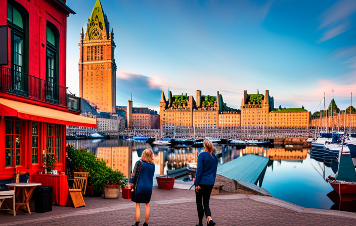 An image capturing the vibrant energy of Québec City's port, featuring elegant hotels lining the cobblestone streets, bustling with visitors