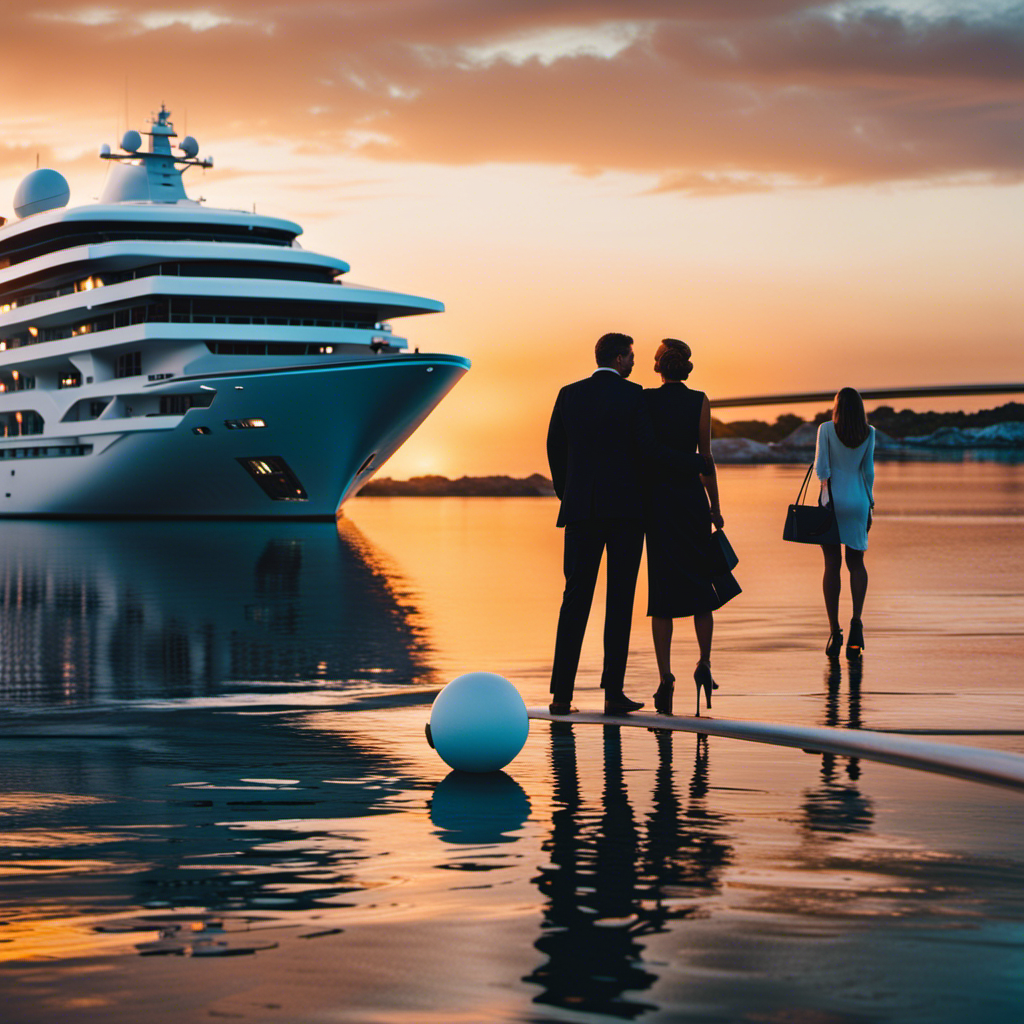 An image capturing the essence of Crystal Endeavor, an extraordinary yacht cruise experience, showcasing the ship's sleek silhouette against a vibrant sunset backdrop, with decklights illuminating the luxurious amenities and panoramic views