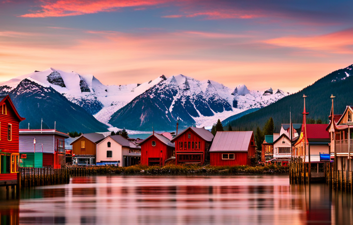 An image that captures the essence of Skagway: a picturesque Alaskan town nestled amidst towering mountains, showcasing historic gold rush buildings, vibrant totem poles, and a glistening glacier in the backdrop