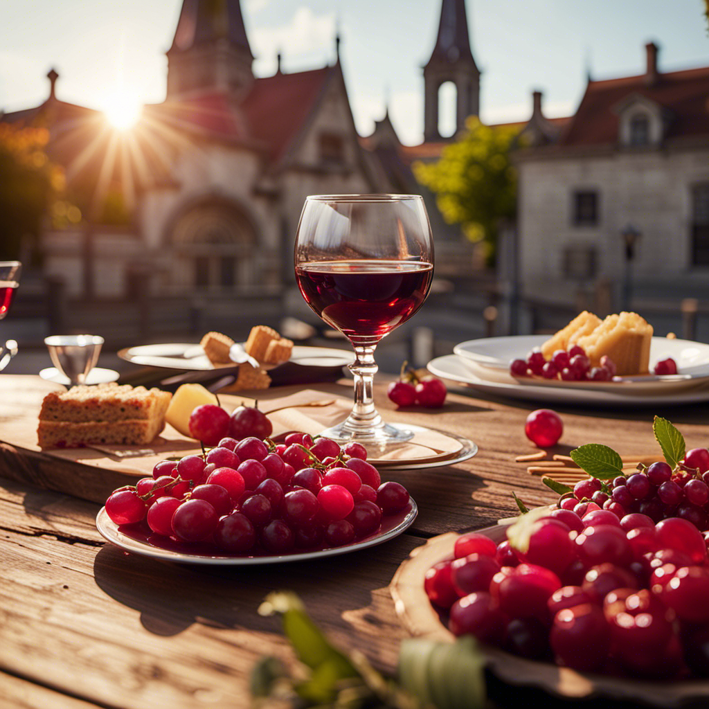 An image of a sun-drenched cobblestone square surrounded by charming Victorian buildings, with lush vineyards in the backdrop