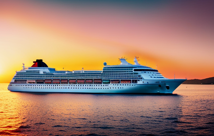 An image capturing the breathtaking grandeur of PO Cruises' Britannia: a luxurious cruise ship gliding through sparkling turquoise waters, surrounded by lush tropical islands, with the sun setting in a fiery kaleidoscope of colors