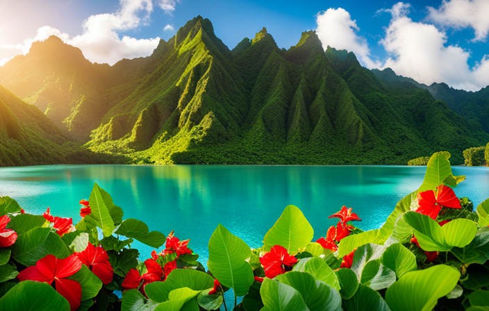 An image capturing the vibrant hues of Tahiti's turquoise lagoons, framed by lush emerald mountains, adorned with cascading waterfalls, and embraced by the graceful dance of hibiscus flowers
