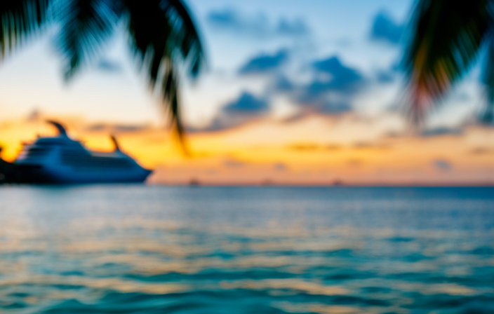 An image showcasing the vibrant hues of the Caribbean: a mesmerizing sunset casting a warm golden glow over turquoise waters, palm trees gently swaying in the breeze, and a cruise ship majestically sailing towards paradise