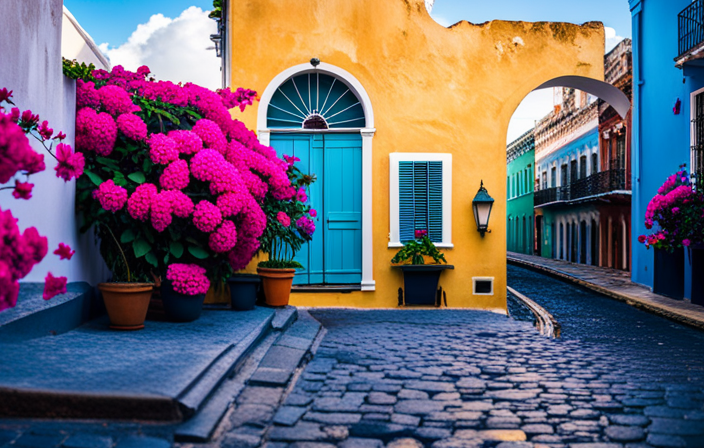 the vibrant essence of Old San Juan as narrow cobblestone streets wind through brightly colored colonial buildings, adorned with intricately designed ironwork balconies