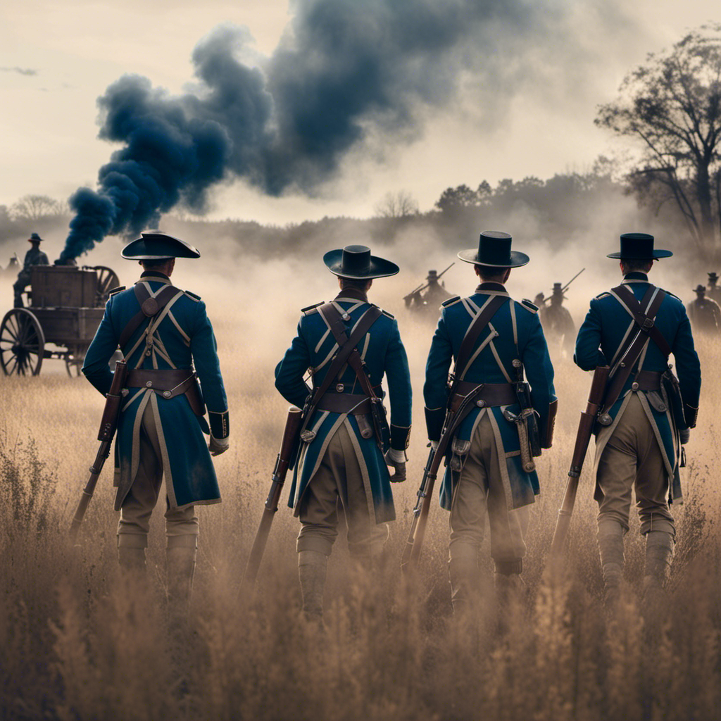 An image that captures the essence of the Civil War: A sepia-toned landscape with soldiers clad in tattered blue and gray uniforms, cannons billowing smoke, and a somber atmosphere of conflict and sacrifice