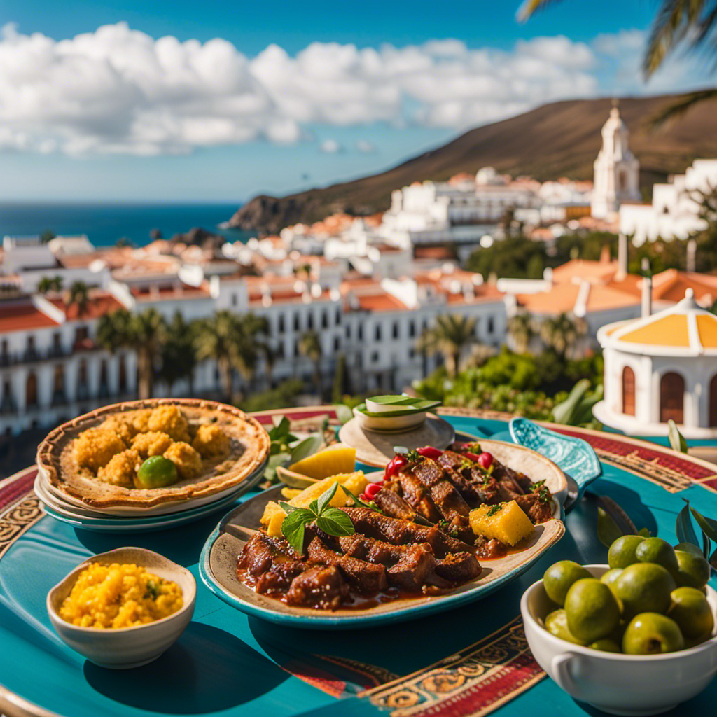 An image capturing the essence of the Canary Islands: a vibrant plate of traditional Canarian cuisine, surrounded by the intricate architecture of a colorful colonial-style building, with a backdrop of lush green mountains and a sparkling azure ocean