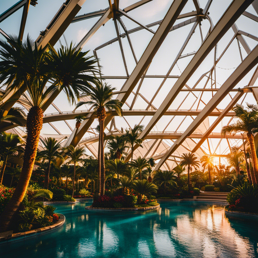 the ethereal beauty of Moody Gardens Pyramids in Galveston as the golden sun sets beyond the glass walls, illuminating the vibrant flora and cascading waterfalls, creating a surreal and enchanting atmosphere