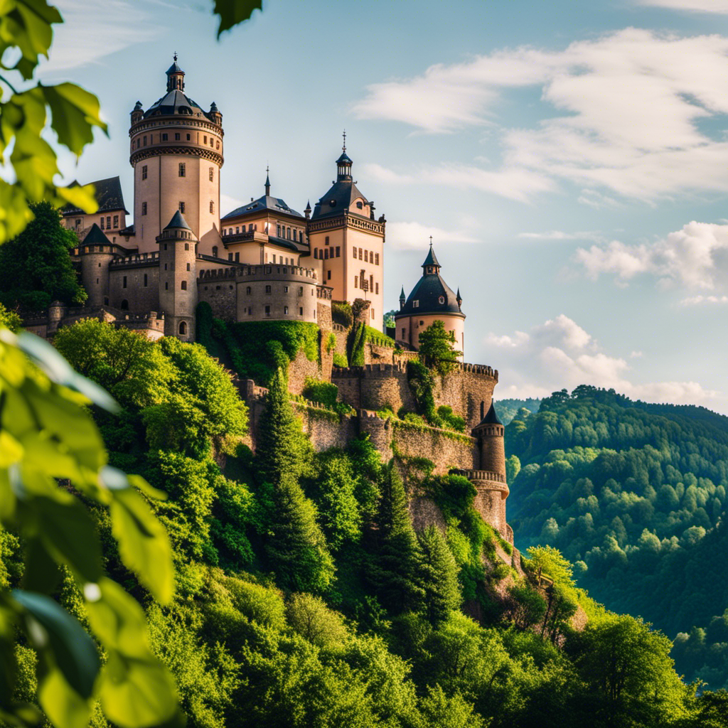 the ethereal beauty of Schloss Heidelberg, nestled amidst lush greenery and overlooking the mesmerizing Rhine River