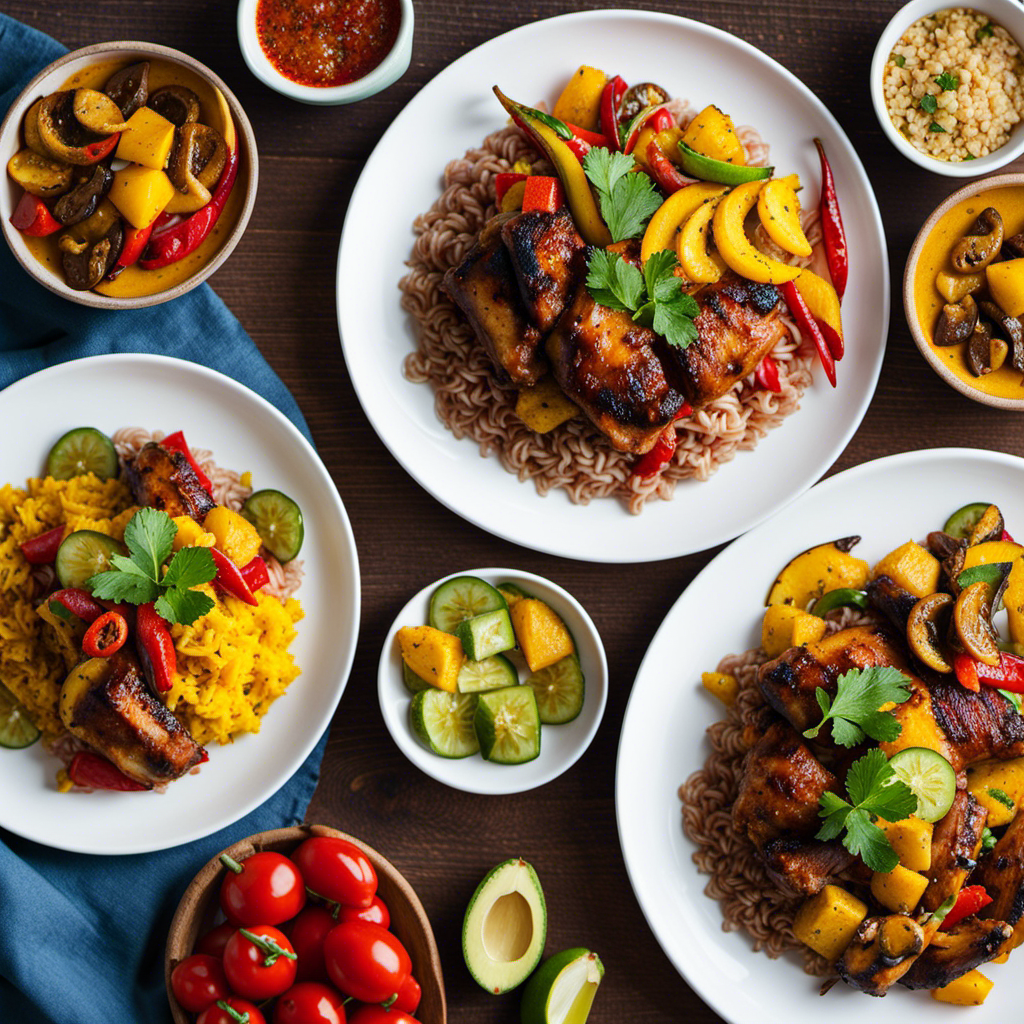 An image showcasing a vibrant plate of Caribbean cuisine, bursting with a medley of exotic ingredients from around the world - jerk-spiced chicken, plantains, curried goat, accented by tropical fruits and fiery peppers