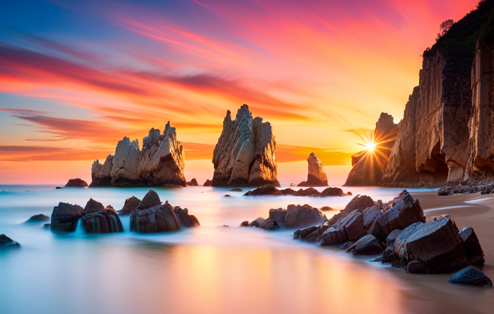 the essence of Los Cabos' hidden gems: a secluded cove fringed by towering cliffs, crystal-clear turquoise waters inviting you to swim, and a vibrant sunset painting the sky with hues of orange and pink