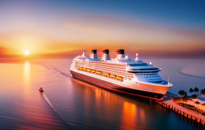 An image showcasing the iconic Disney Cruise Line fleet, majestically sailing across the crystal-clear turquoise waters of the Caribbean, with the stunning backdrop of a picturesque tropical island and a radiant sunset painting the sky in hues of gold and orange