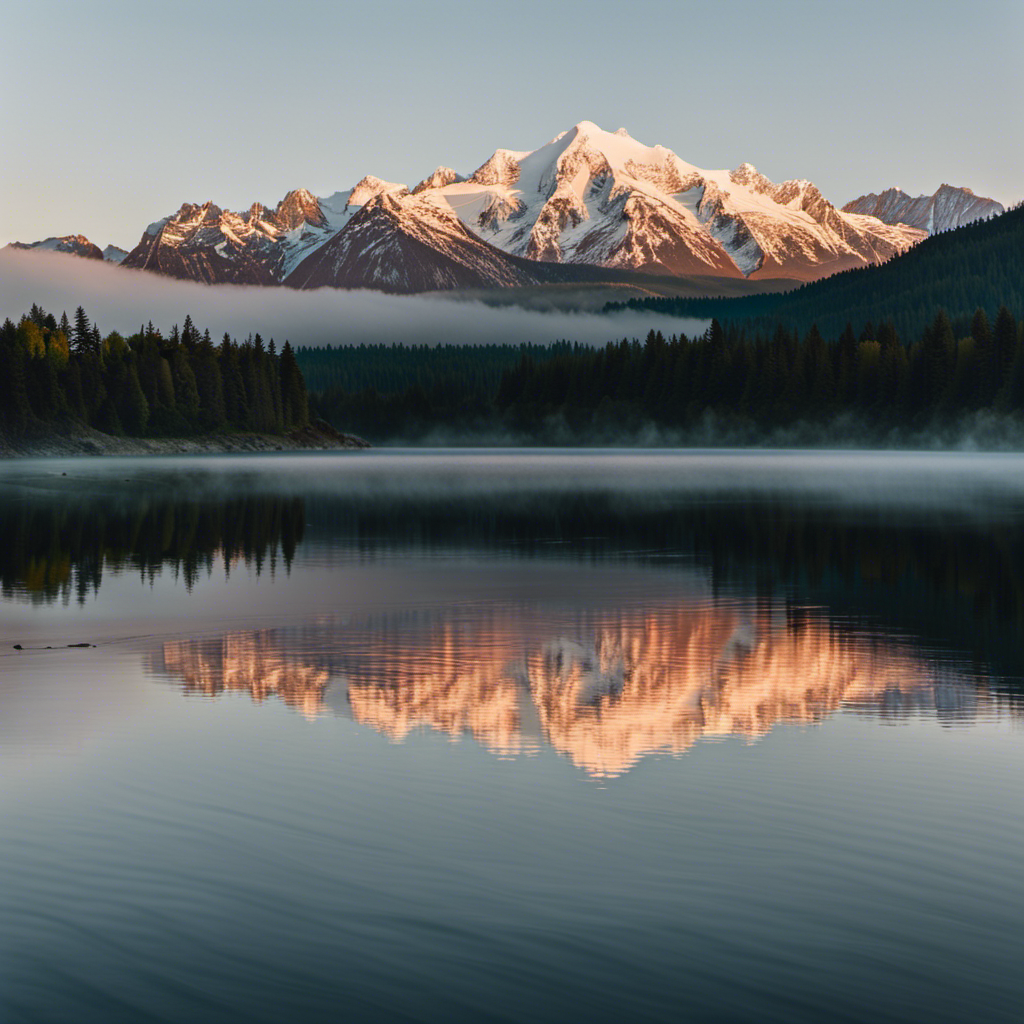 the serene beauty of the Pacific Northwest on the Lewis & Clark River Cruise: a misty morning sunrise over majestic snow-capped mountains, reflected in the glassy waters of a tranquil river