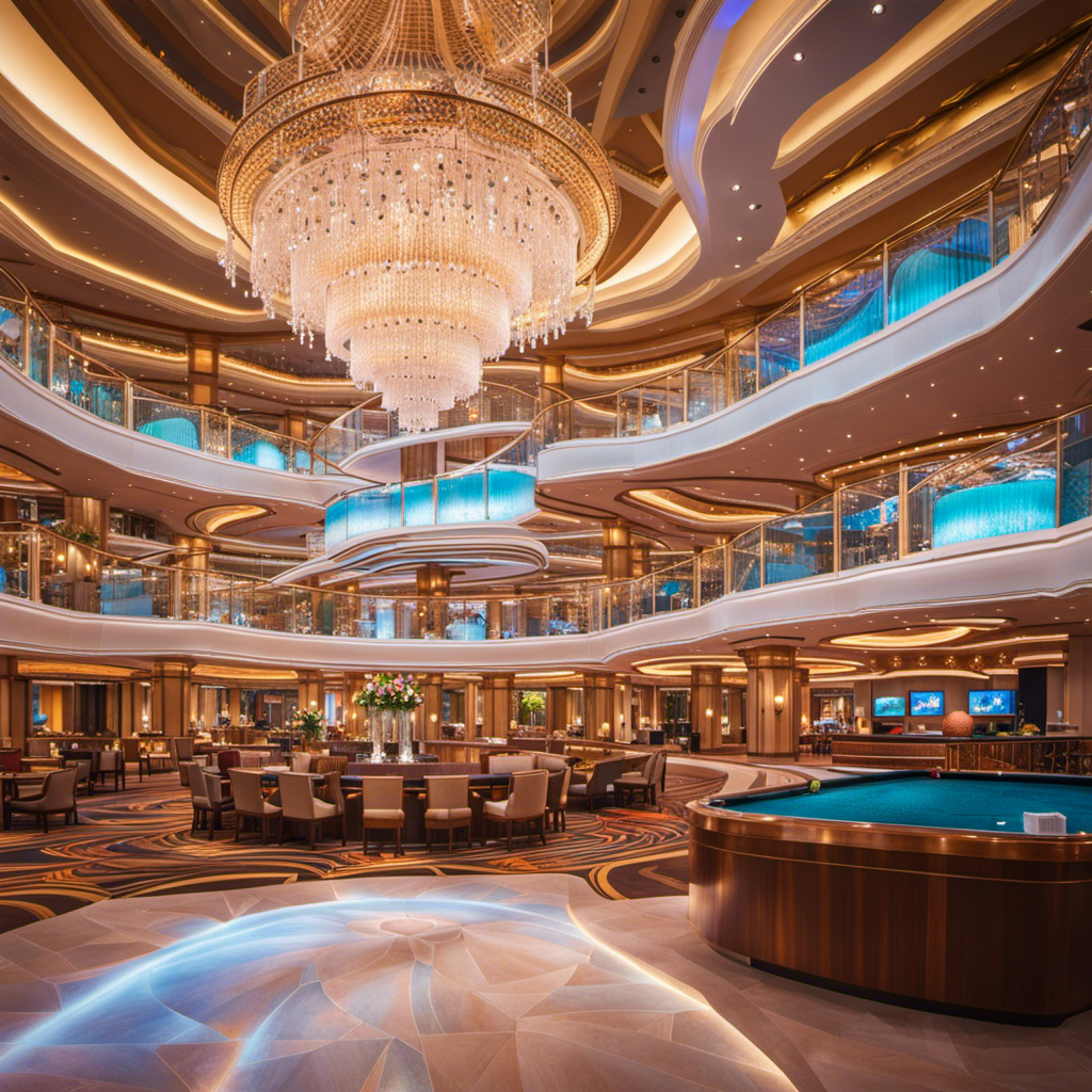 An image capturing the opulent ambiance of Symphony of the Seas, unveiling the grandeur of its sprawling decks adorned with shimmering chandeliers, plush lounges with panoramic views, and an exquisite poolside oasis