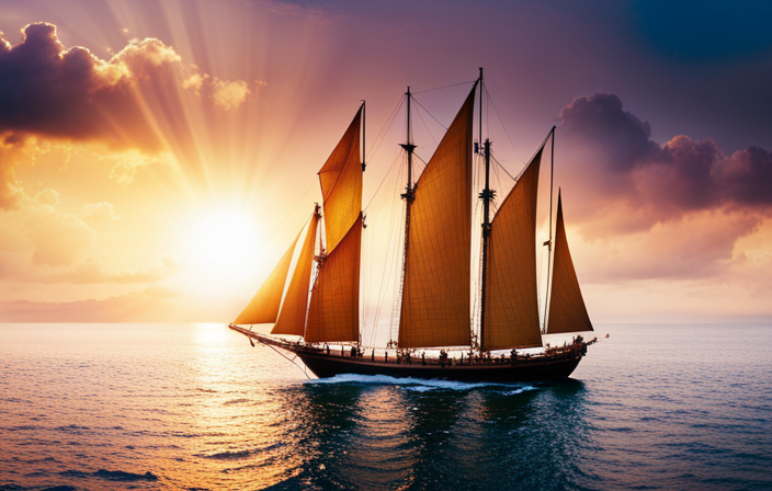 An image capturing the awe-inspiring moment as the Argo, a majestic ship with shimmering golden sails, glides through treacherous waters, Jason and his fearless crew poised for adventure on their quest for the Golden Fleece