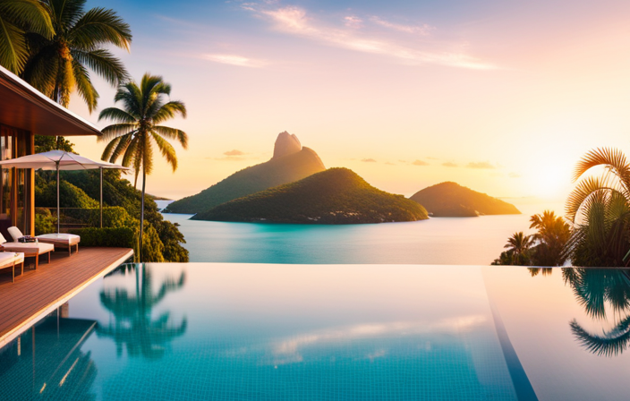 An image featuring a luxurious infinity pool overlooking crystal-clear turquoise waters, surrounded by lush tropical foliage