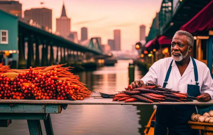 a bustling scene at the New Orleans port, with colorful fishing boats unloading their daily catch, chefs selecting fresh ingredients at the nearby farmers' market, and locals mingling amidst the aromatic haze of spices and exotic street food stalls