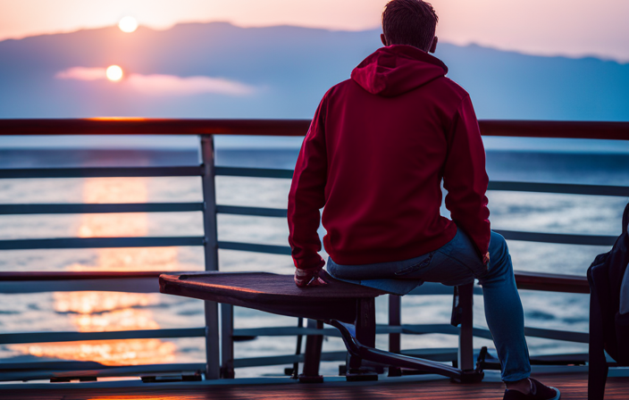 Capture an image of a student standing on the deck of a ship, gazing at a vibrant sunrise over the vast ocean, surrounded by a diverse group of fellow learners, each engrossed in absorbing knowledge from their surroundings