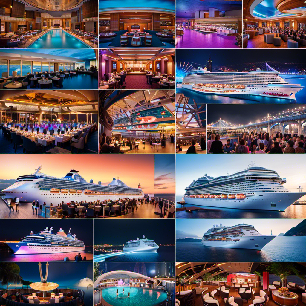 Nt collage of cruise ship decks, showcasing a diverse array of themed activities such as cooking classes, dance parties, live performances, and cultural workshops, all set against a stunning backdrop of various global landmarks