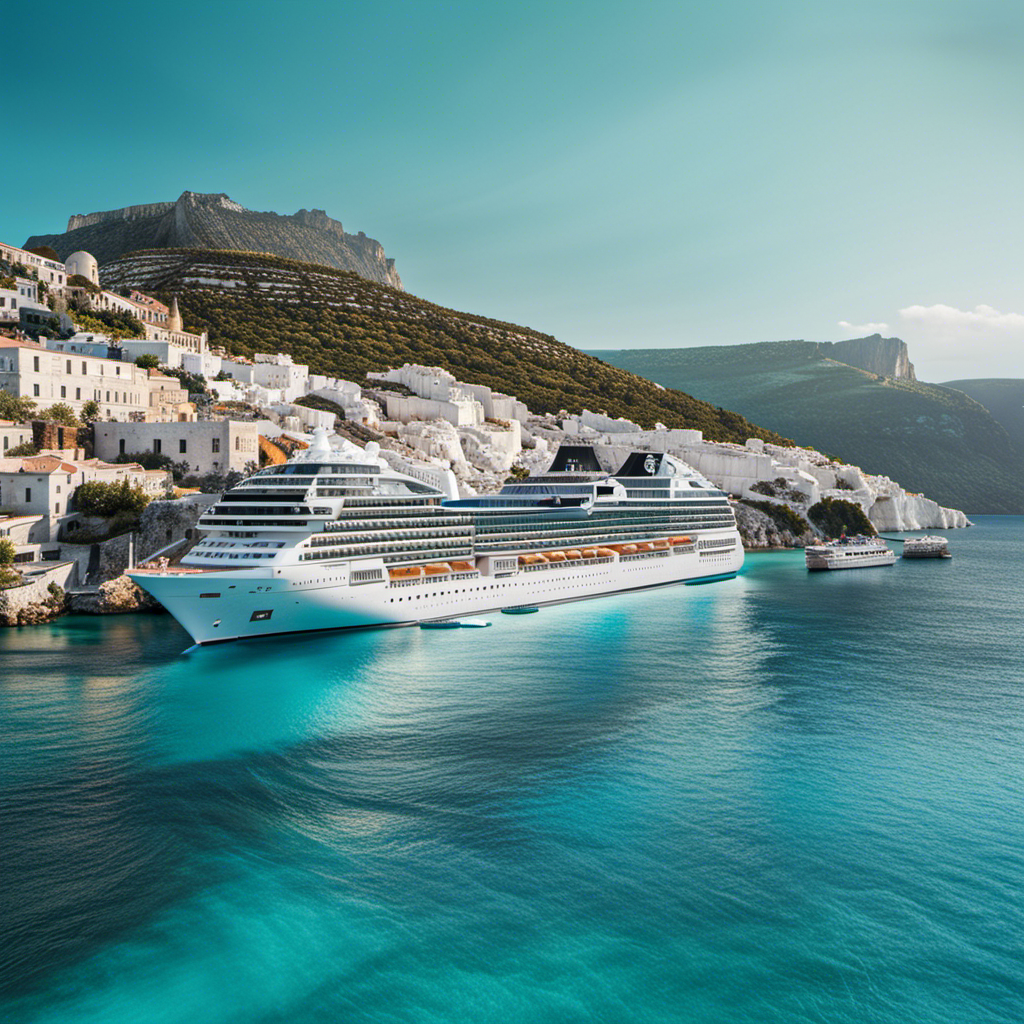 An image showcasing a vibrant MSC cruise ship sailing through the crystal-clear turquoise waters of the Greek Islands, surrounded by picturesque white-washed houses, dramatic cliffs, and breathtaking sunsets