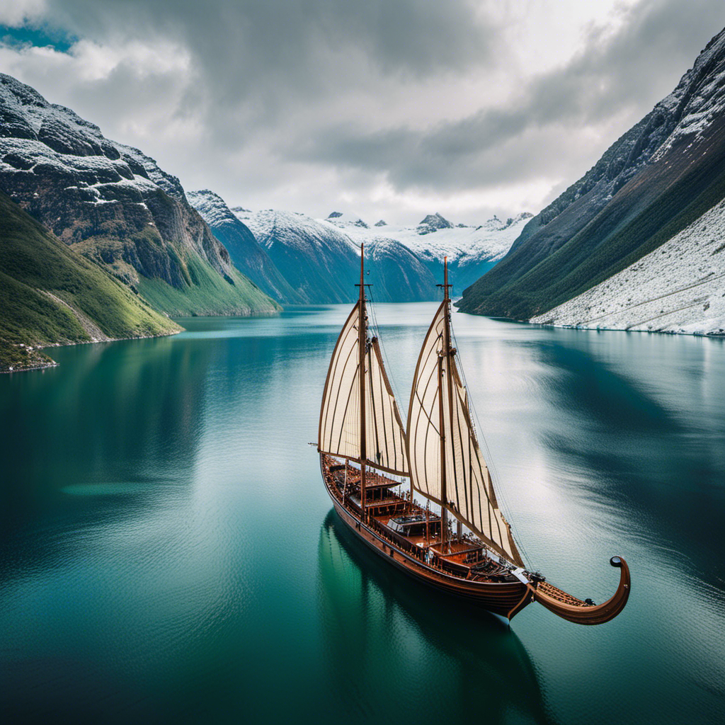 An image showcasing a majestic Viking longship gracefully gliding through the crystal-clear waters of a picturesque fjord, surrounded by towering snow-capped mountains and lush green landscapes, inviting readers to embark on an unforgettable Viking Cruise adventure