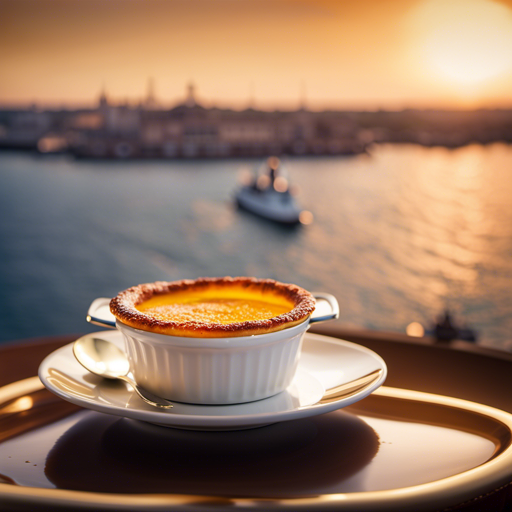 An image showcasing a perfectly caramelized Crème Brûlée, adorned with a delicate layer of golden sugar, elegantly complemented by a backdrop of a Star Clippers cruise ship, sailing against a breathtaking sunset on the horizon