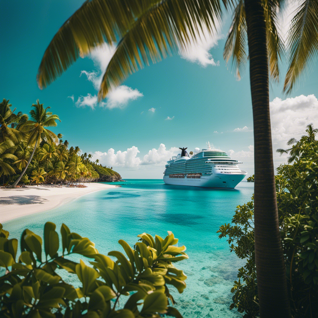 An image showcasing a luxurious cruise ship sailing through crystal-clear turquoise waters, surrounded by breathtaking tropical islands