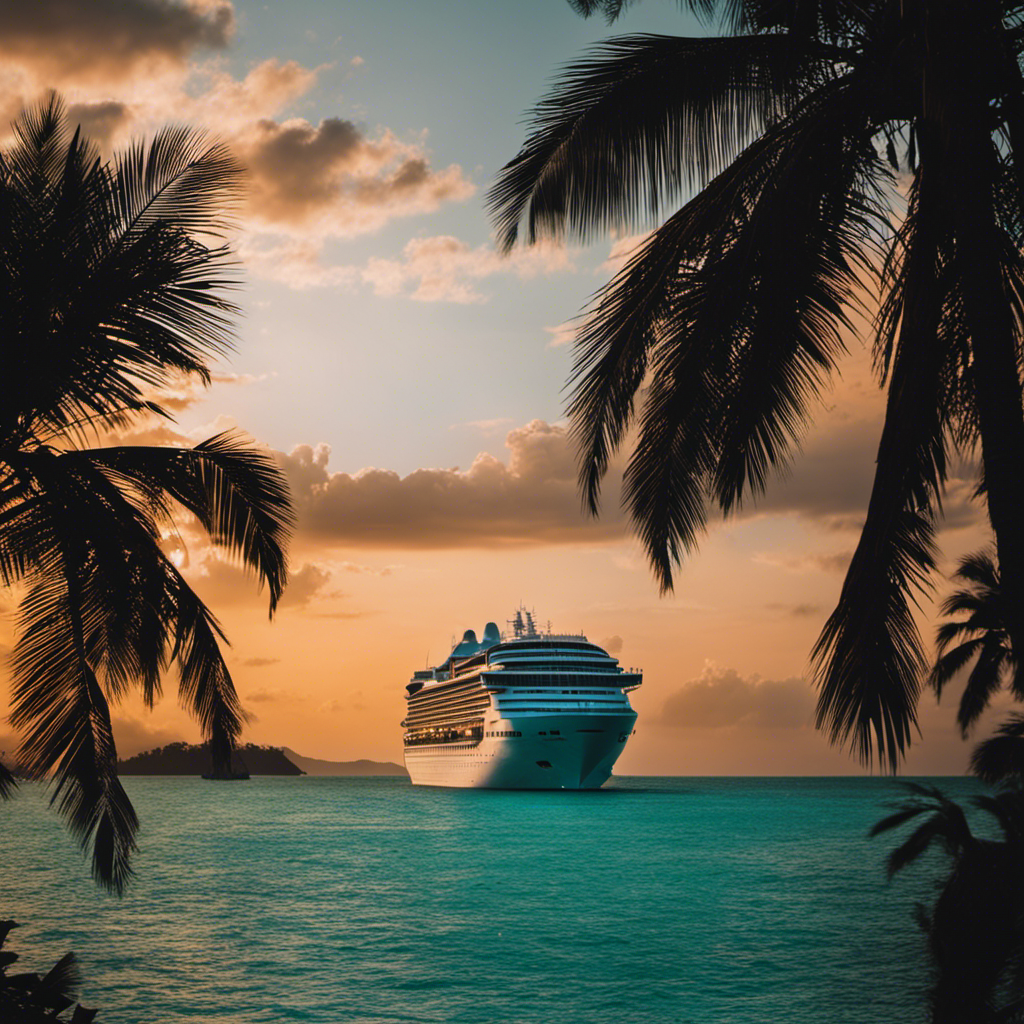 An image showcasing a tropical sunset cruise, with a luxurious ship sailing amidst calm turquoise waters