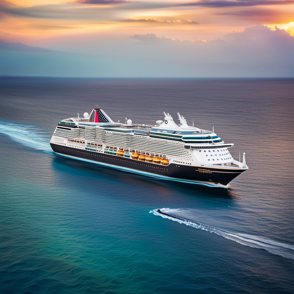 An image showcasing a colorful cruise ship amidst a serene ocean backdrop, with a price tag icon floating above it