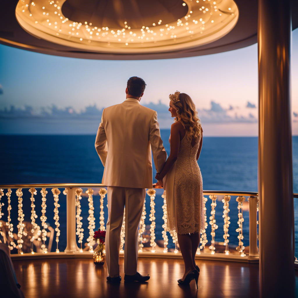 An image showcasing a serene adult couple on a luxurious cruise ship's private balcony, surrounded by breathtaking ocean views, adorned with elegant decor, and savoring a candlelit dinner under a starry sky