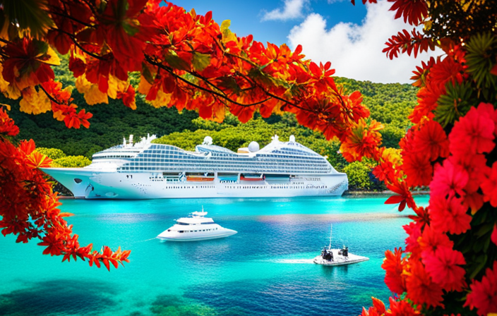 the essence of fall fun in Bermuda with an image of the Norwegian Joy cruise ship gliding through crystal-clear turquoise waters, surrounded by vibrant coral reefs, while passengers enjoy thrilling water sports and soak up the warm autumn sun