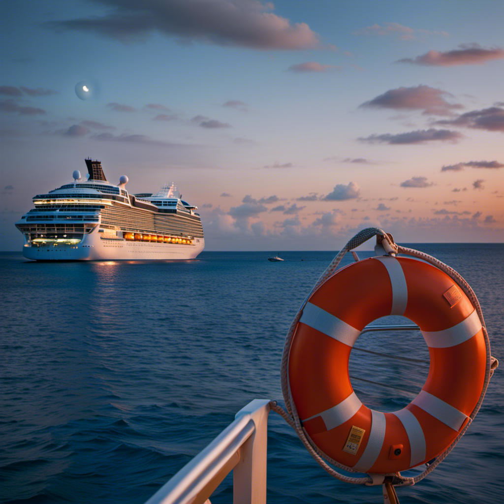 An image of a serene, moonlit Caribbean seascape, with a towering Royal Caribbean cruise ship illuminated in the distance