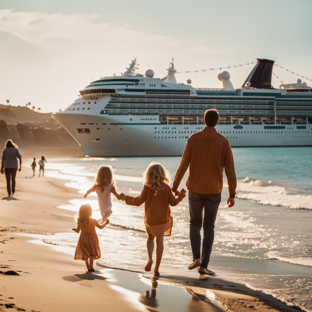 An image showcasing a joyful family, strolling hand-in-hand on a sun-kissed Californian beach, with a majestic cruise ship docked in the background, promising endless adventures and unforgettable memories for all ages