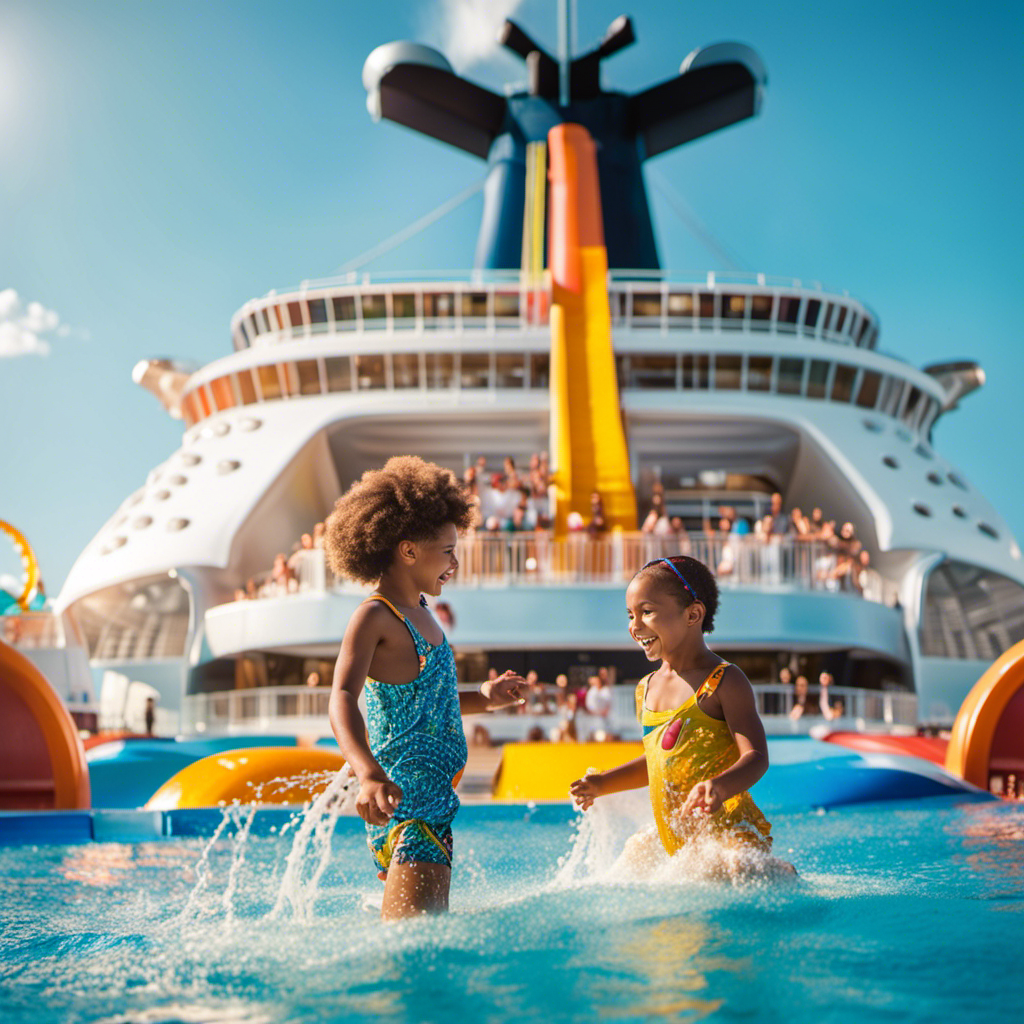 An image showcasing a colorful cruise ship with a fun-filled water park on the deck, where children splash joyfully in water slides and fountains, while parents relax nearby, capturing the essence of enchanting family adventures at sea