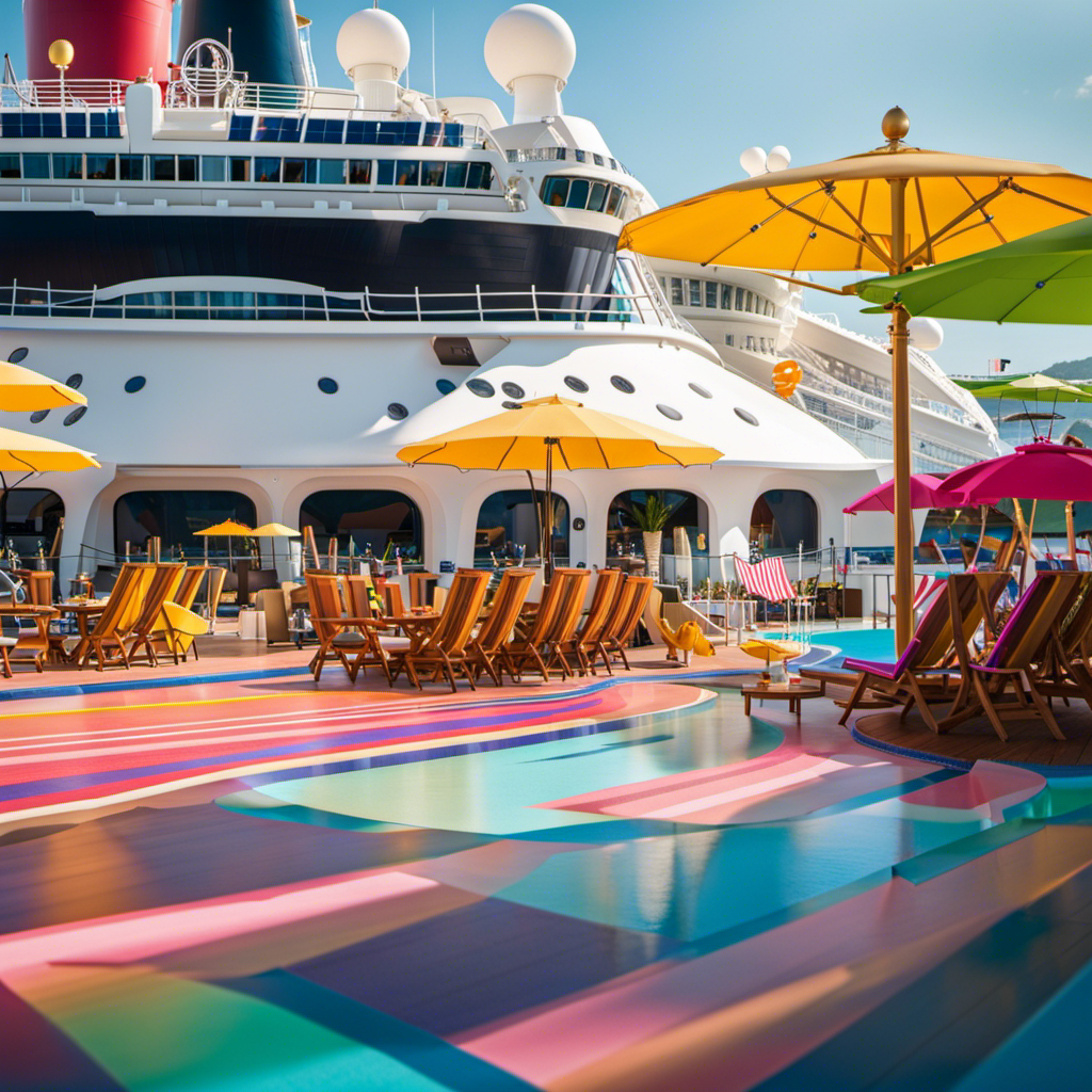 An image showcasing a newly upgraded ship deck, adorned with colorful umbrellas, lounge chairs, and a splash pad, while families enjoy specialty dining and the cruise's first port of call in the background
