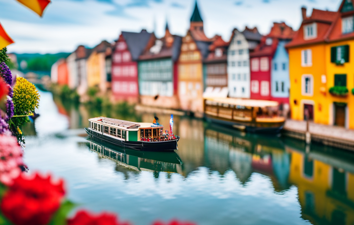 An image showcasing a serene river cruise through Europe, with a charming riverboat adorned with colorful flags, passing by quaint villages nestled along the scenic riverbanks, while families happily enjoy the picturesque views
