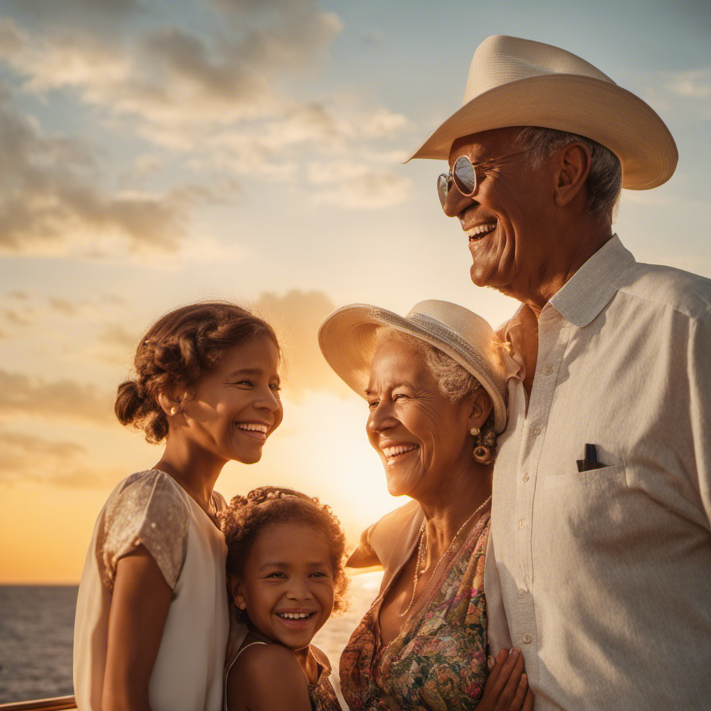 An image showcasing three generations of a joyful family on a luxurious cruise ship, basking in the golden sunset glow