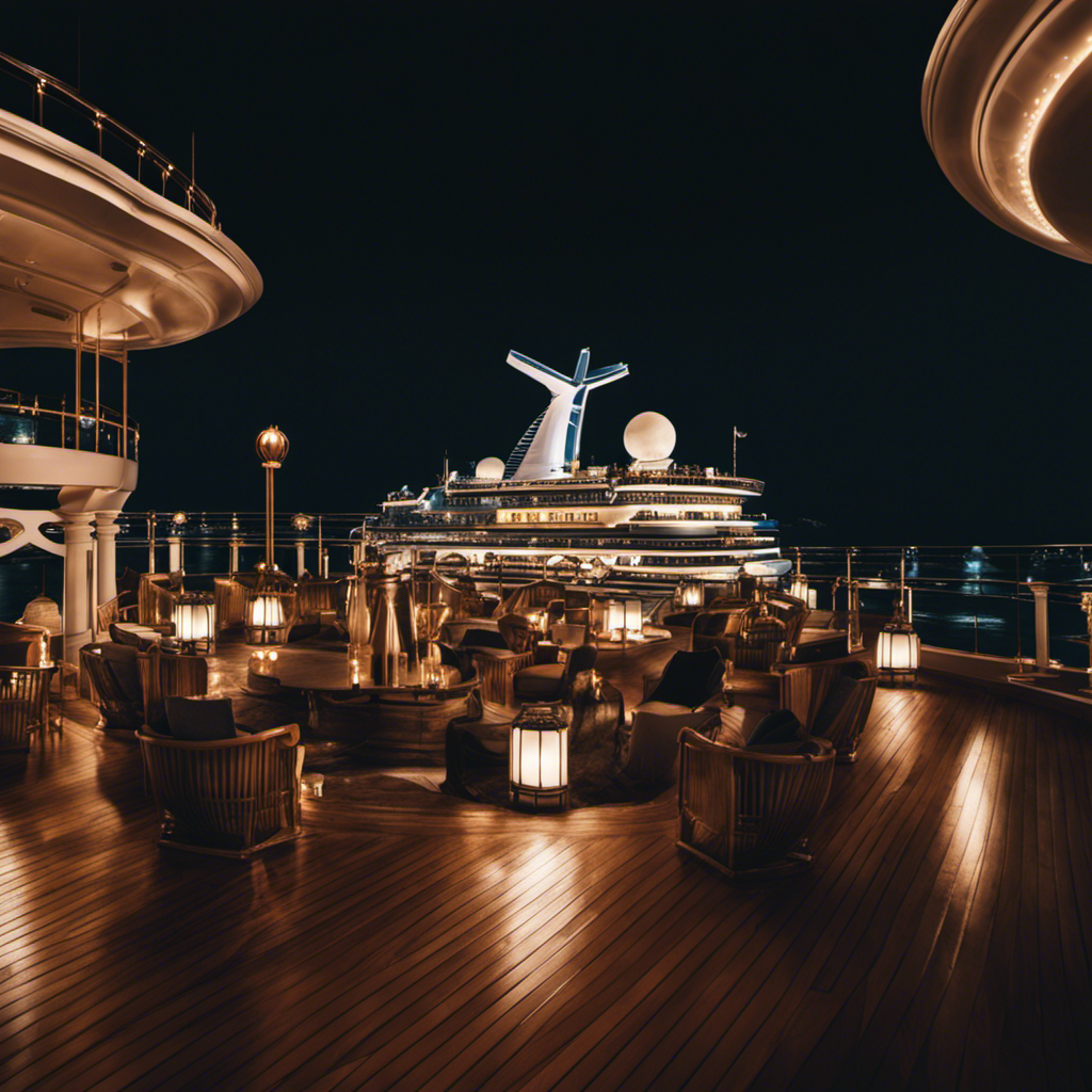 An image showcasing a moonlit deck of a luxurious cruise ship, adorned with Gothic architecture, where elegantly dressed passengers mingle with vampires, their eyes gleaming with hypnotic allure