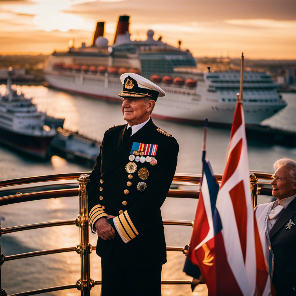 An image capturing the grandeur of Captain Christopher Wells' farewell from Cunard, showcasing a majestic ocean liner adorned with flags, a radiant sunset casting golden hues on the deck, and a crowd waving tearful goodbyes