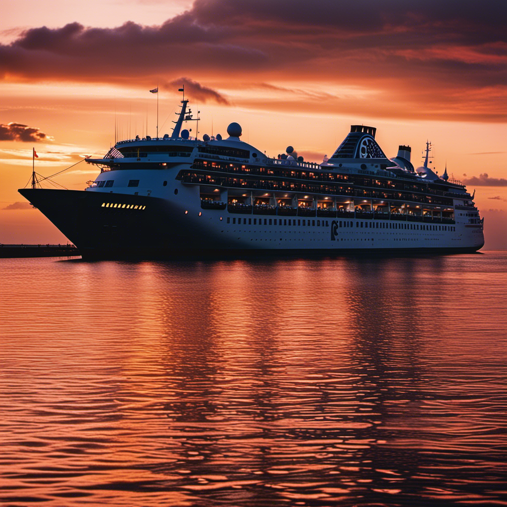 An image capturing the bittersweet farewell of Pacific Princess, a boutique ship, as its elegant silhouette blends with the vibrant sunset on the horizon, symbolizing the legacy it leaves behind