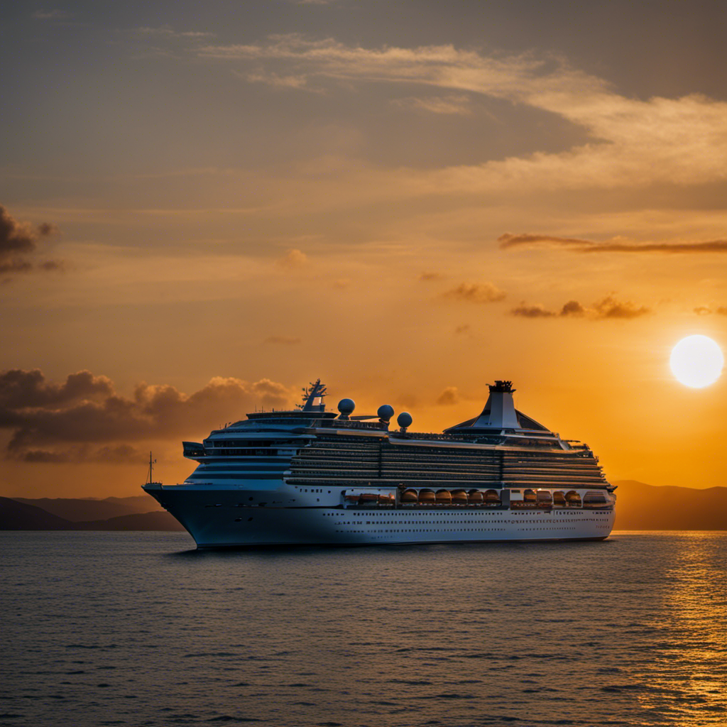 An image of a sunset casting a golden glow on a cruise ship, symbolizing Richard Fain's departure