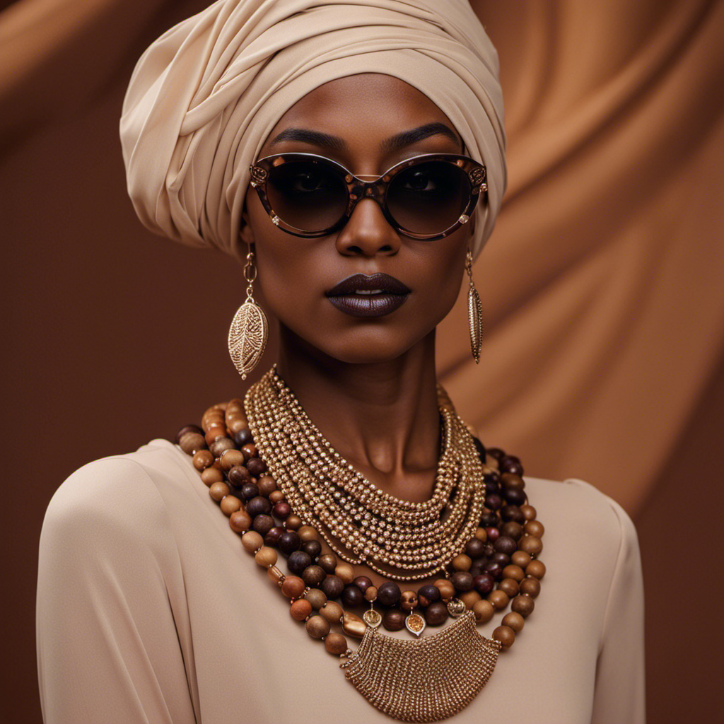 An image showcasing a model wearing a trendy face covering made from eco-friendly materials, paired with exquisite cocoa vintage jewelry