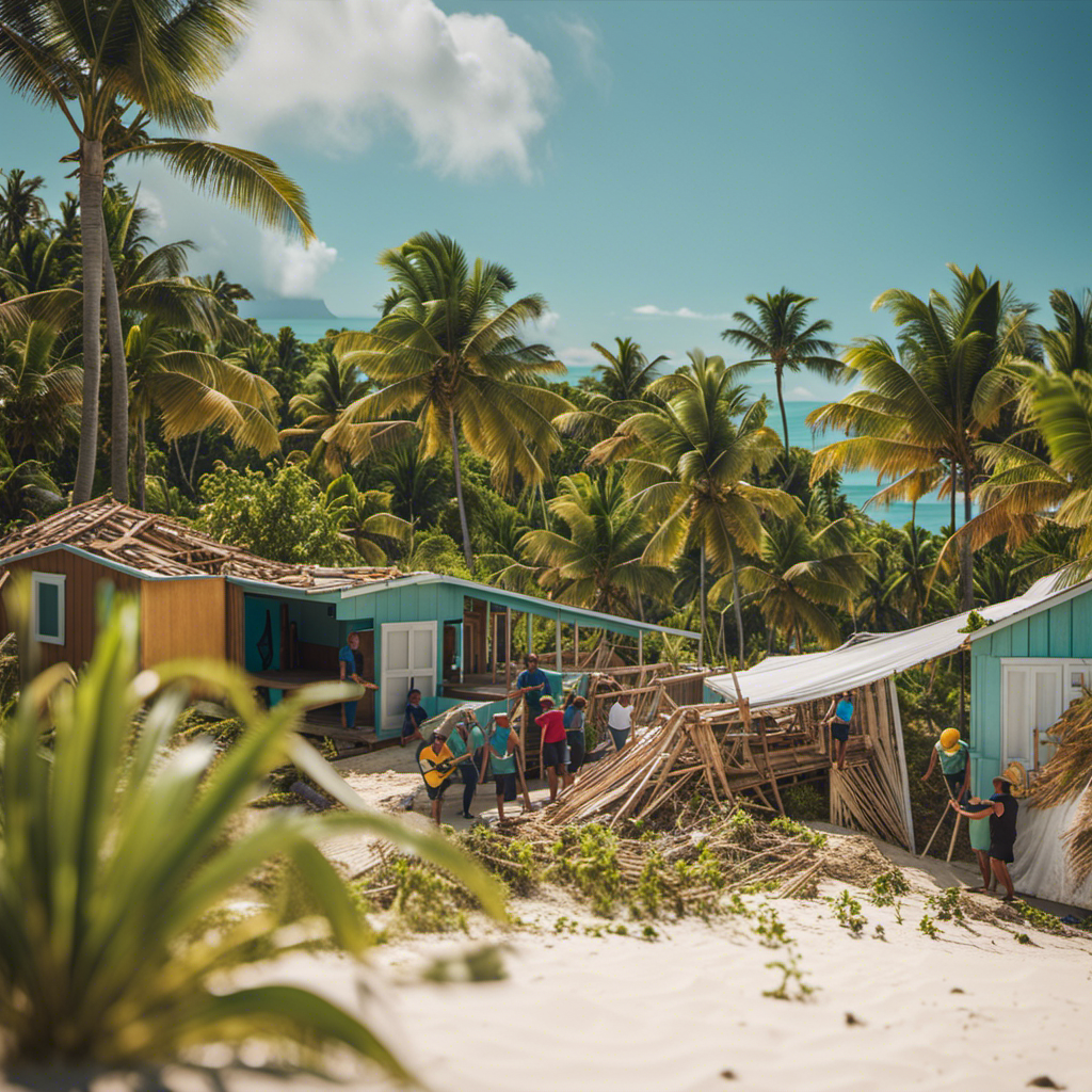 An image showcasing a vibrant Caribbean beach lined with volunteers from Fathom and Princess Cruises, working together to rebuild homes, plant trees, and uplift local communities