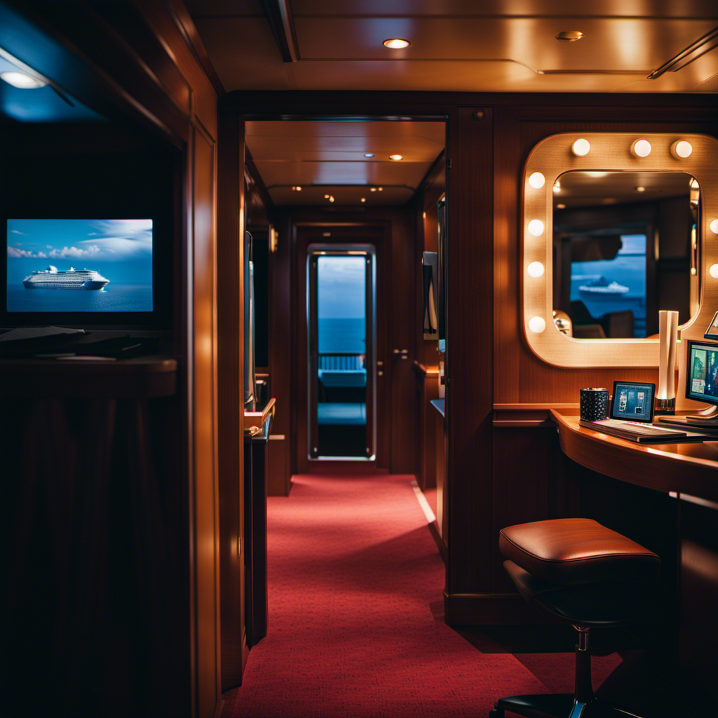 An image capturing the eerie ambiance of a dimly lit cruise ship cabin, revealing small hidden cameras discreetly placed in corners