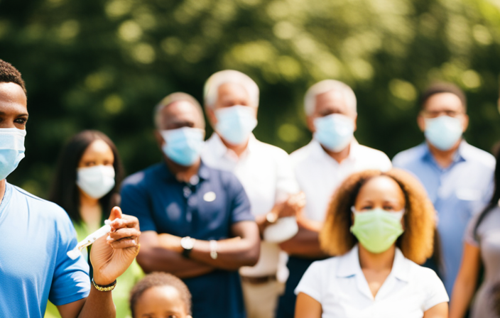 An image that showcases a diverse group of people, joyfully gathered in a sunny park, receiving COVID-19 vaccinations