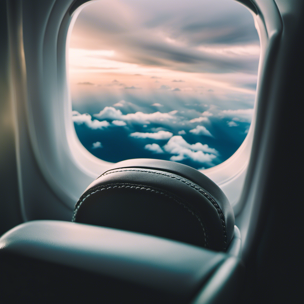 An image depicting a distressed traveler's white-knuckled grip on an airplane armrest, as turbulent skies loom outside the window, symbolizing the paralyzing fear of flying that deters cruise lovers from embarking on their dream voyages