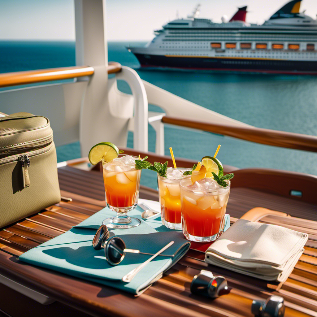 An image of a tranquil cruise ship deck with a couple sipping cocktails, surrounded by luggage neatly piled nearby, conveying a sense of relaxation and security, inspiring readers to conquer their fear of lost luggage