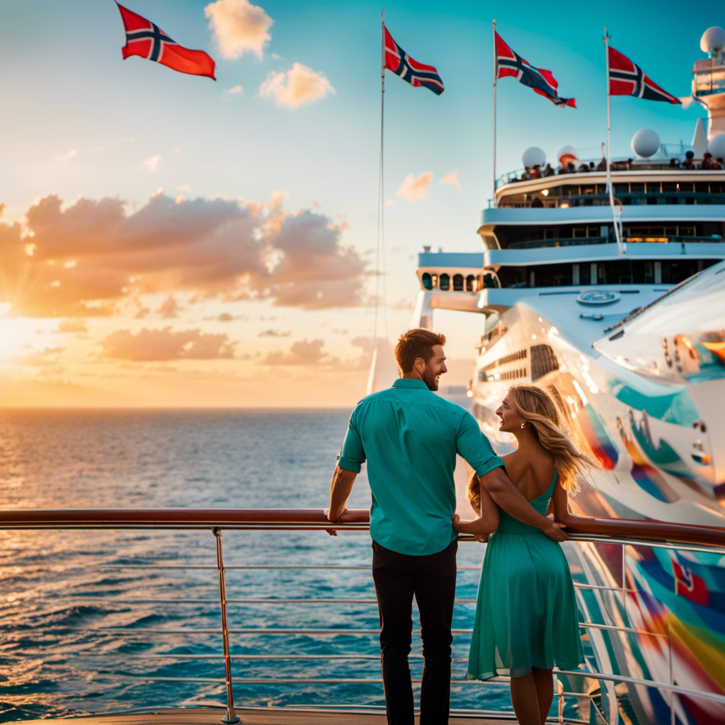 An image that captures the essence of Norwegian Cruise Line's brand campaign "Feel Free": a vibrant sunset over turquoise waters, a silhouette of a smiling couple on the deck, and a backdrop of a luxurious ship with colorful flags fluttering in the wind