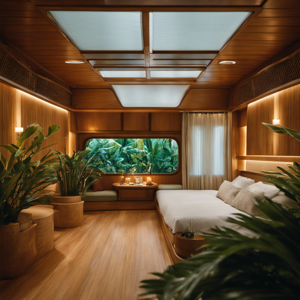An image showcasing a serene cruise cabin with strategically placed plants, soft lighting, and harmonious colors
