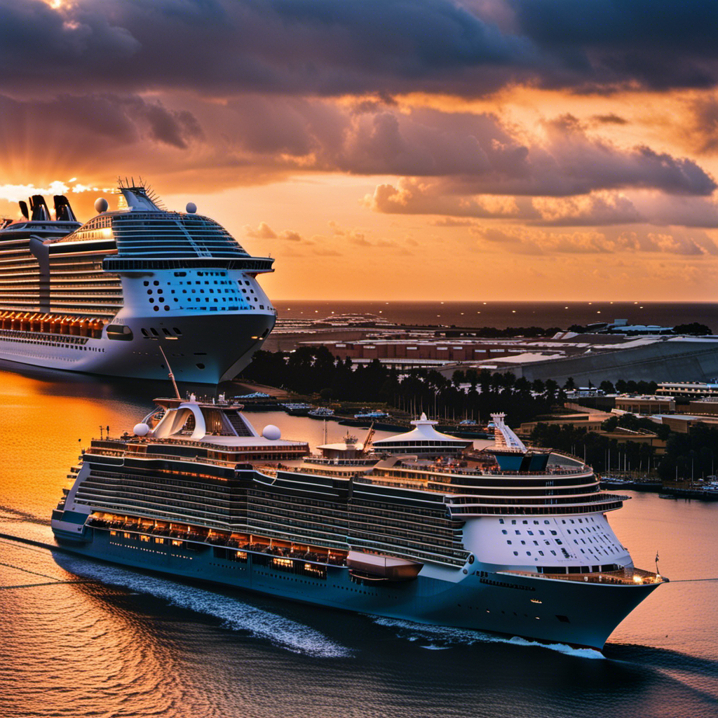 the exhilarating energy of the final day on the Oasis of the Seas test cruise with an image showcasing a vibrant sunset, silhouettes of happy cruisers, and the ship's iconic bow towering against the radiant sky