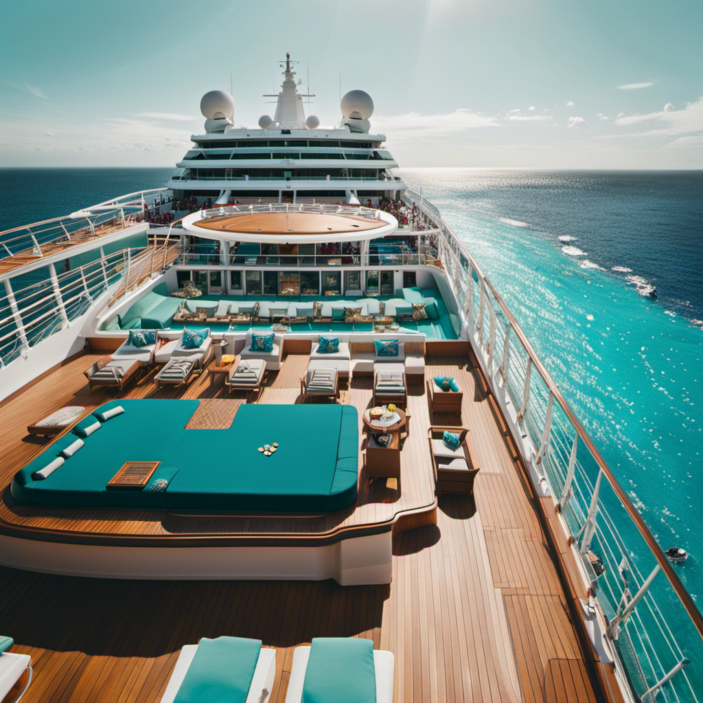 An image showcasing a sun-kissed deck of a luxurious cruise ship, surrounded by crystal-clear turquoise waters, with a diverse group of joyful travelers, capturing the essence of finding affordable cruises
